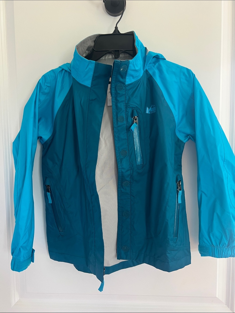 REI Kids' Two-Tone Blue Teal Waterproof Rain Jacket